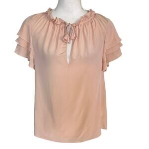 Marie Oliver Size S 100% Silk Ruffle Blouse Tiered Sleeves Tie Neck Blush Pink